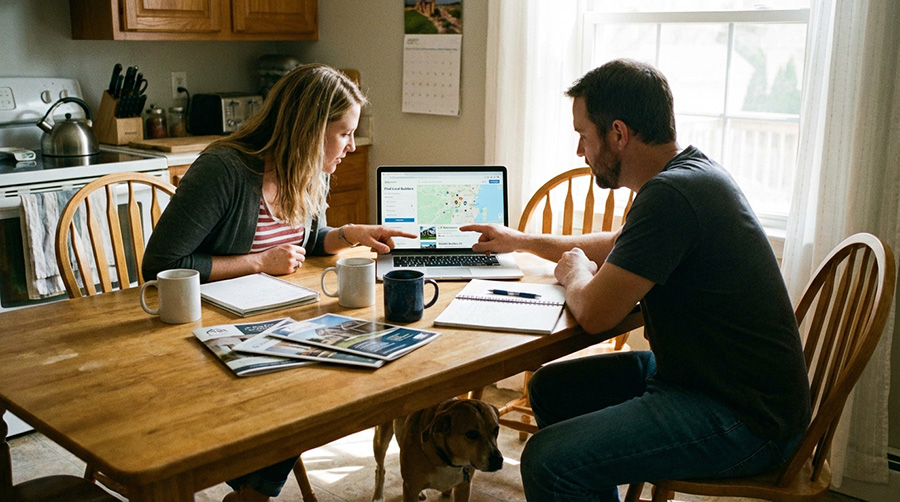 A couple looking up Local Builders on Their Computer