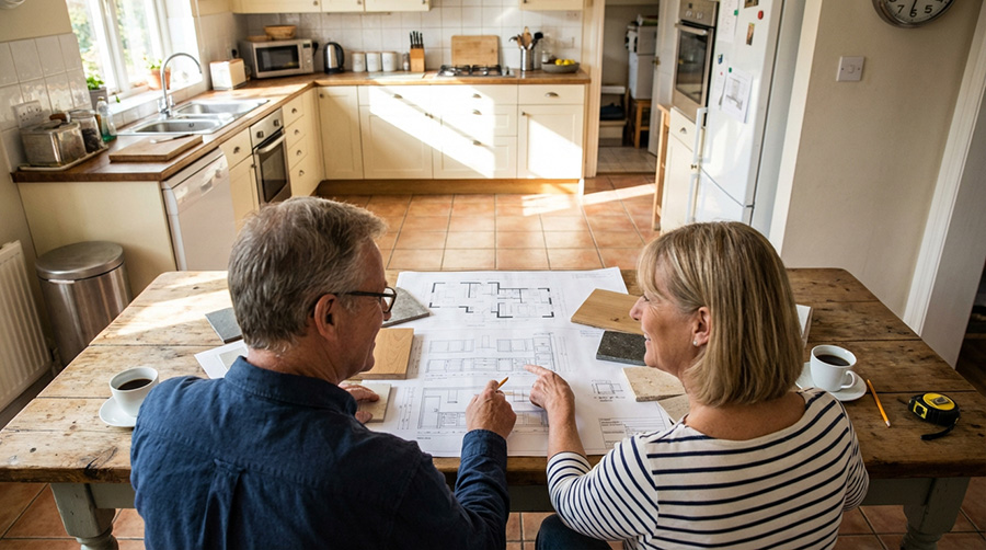 Couple looking at architects drawings of a new kitchen