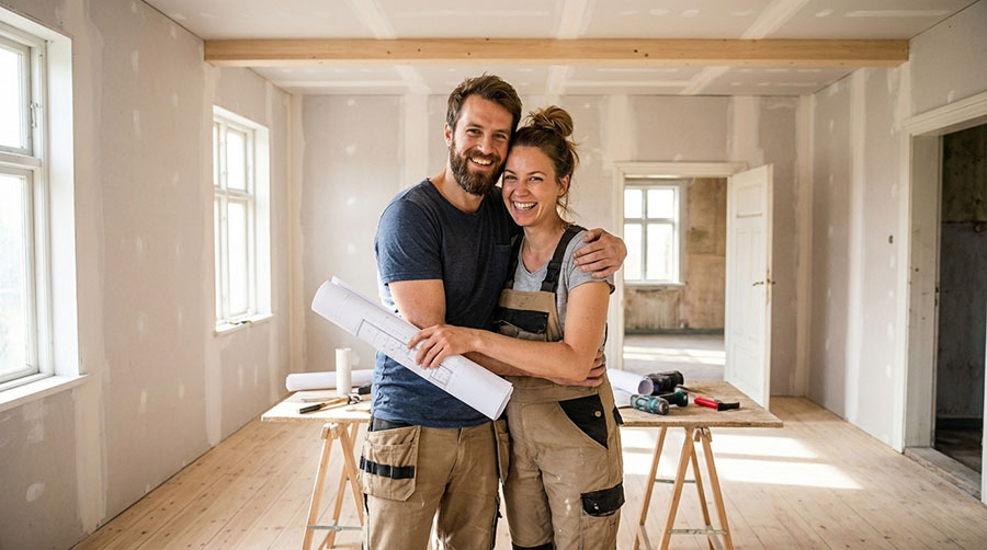 Man and woman renovating house